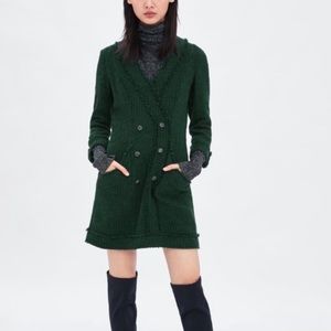 ZARA Green Tweed Blazer Mini Dress with Rhinestone Buttons